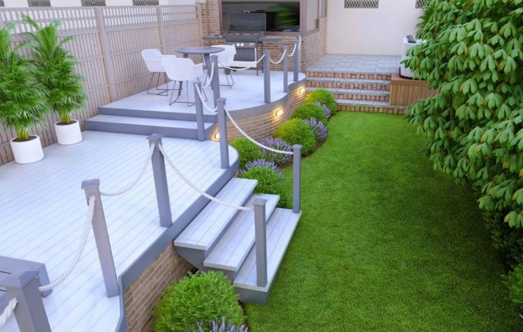 3D design render of the Galley Common garden showing a raised deck with rope balustrade, steps down to the lawn and planting