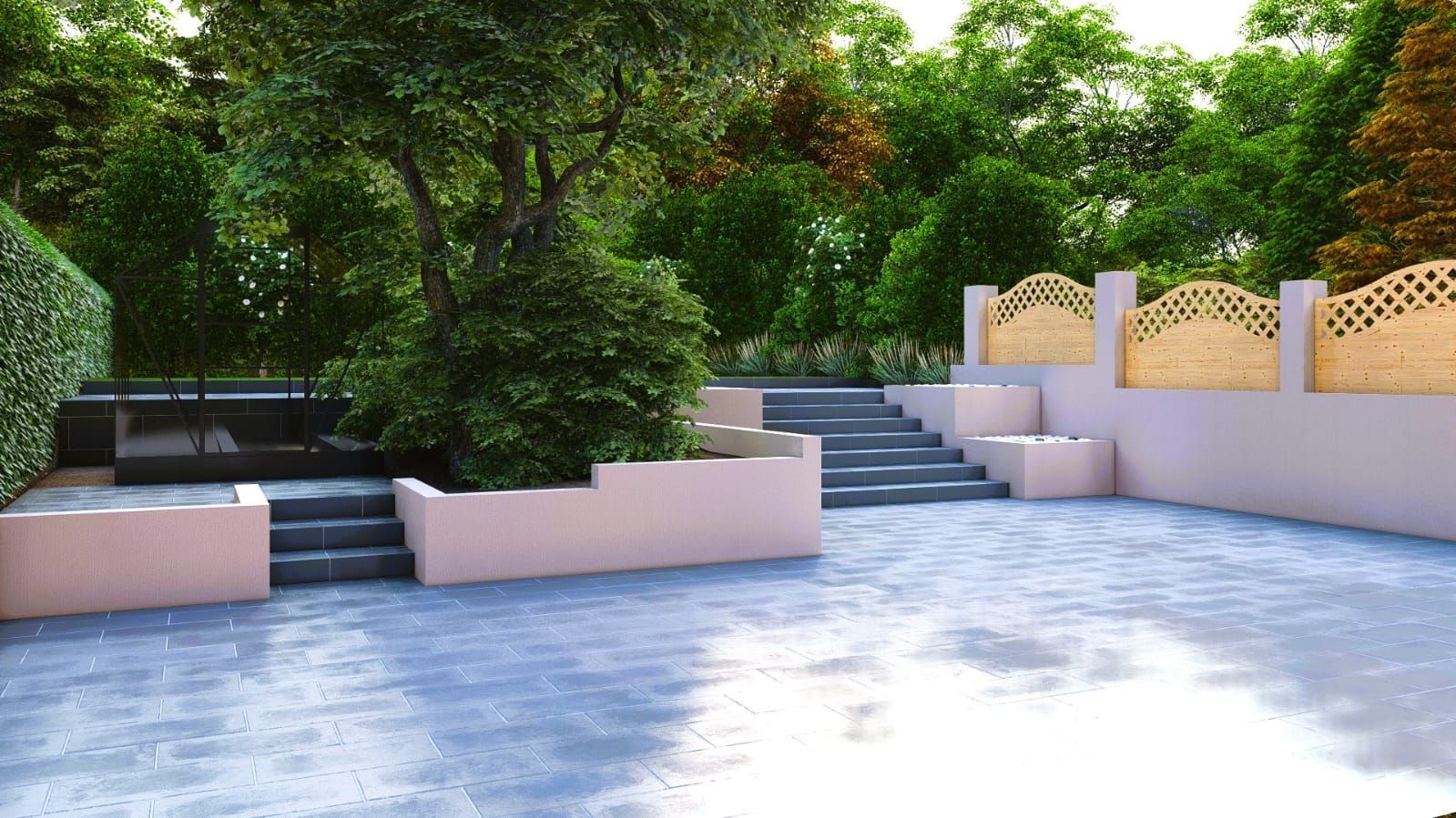 DNA Landscapes 3D garden design of how your new landscaped garden would look as though you were in your garden in Solihull