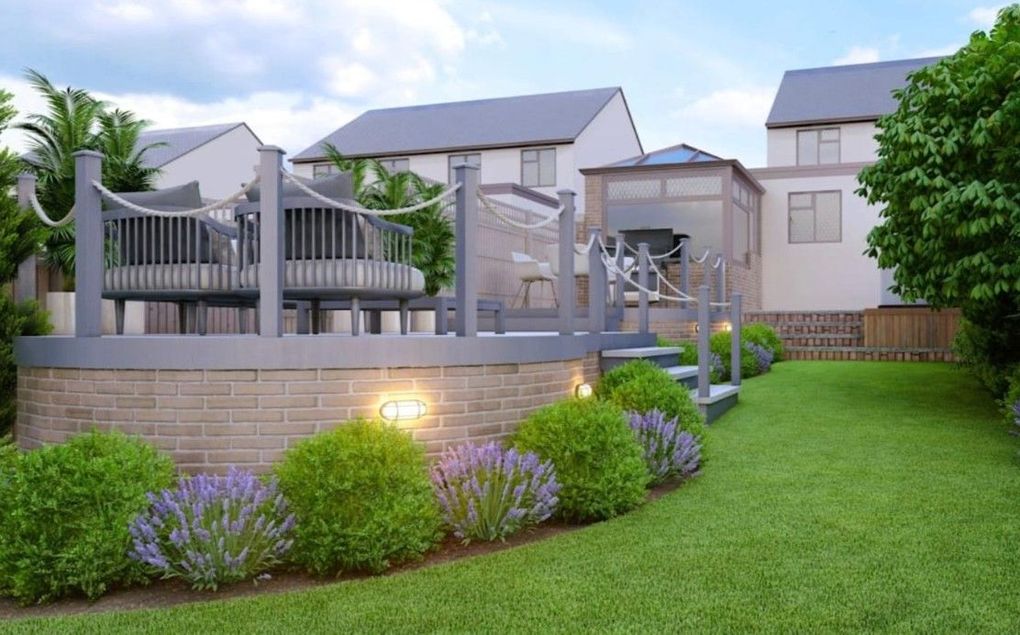 3D design render of the Galley Common garden showing the curved brick wall carrying the deck, with lighting and planting along its base