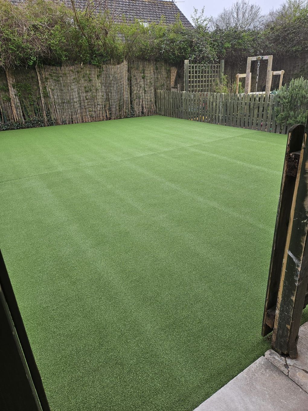 Finished artificial lawn with a striped pile in the same garden, beside a timber fence and trellis