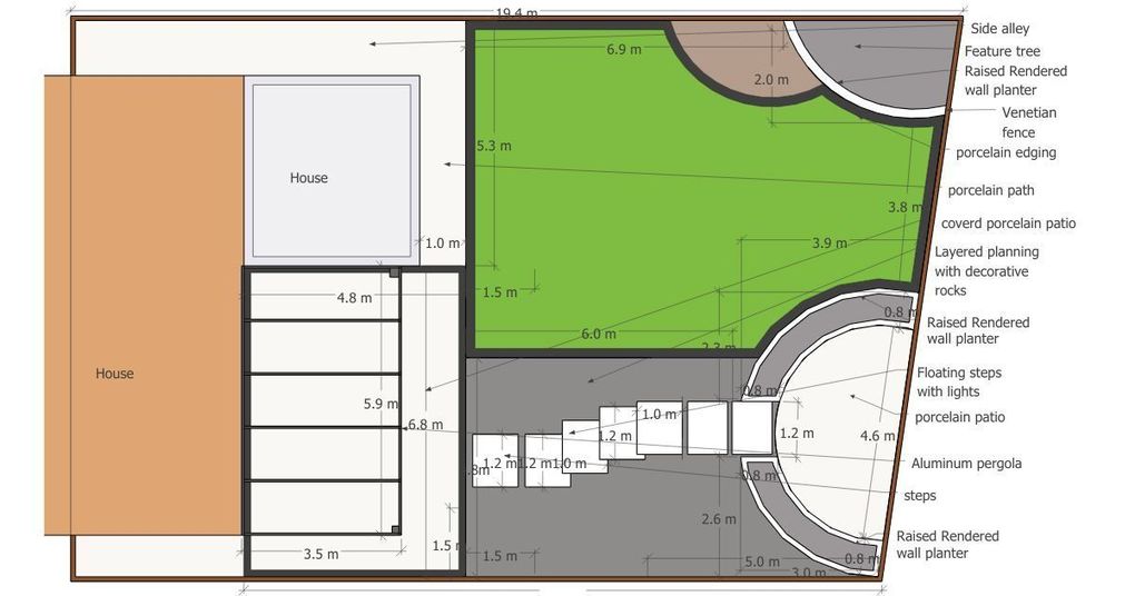 2D garden design plan for Tid Marsh Close showing the porcelain patio, floating steps, raised rendered planters, Venetian fence and lawn with dimensions