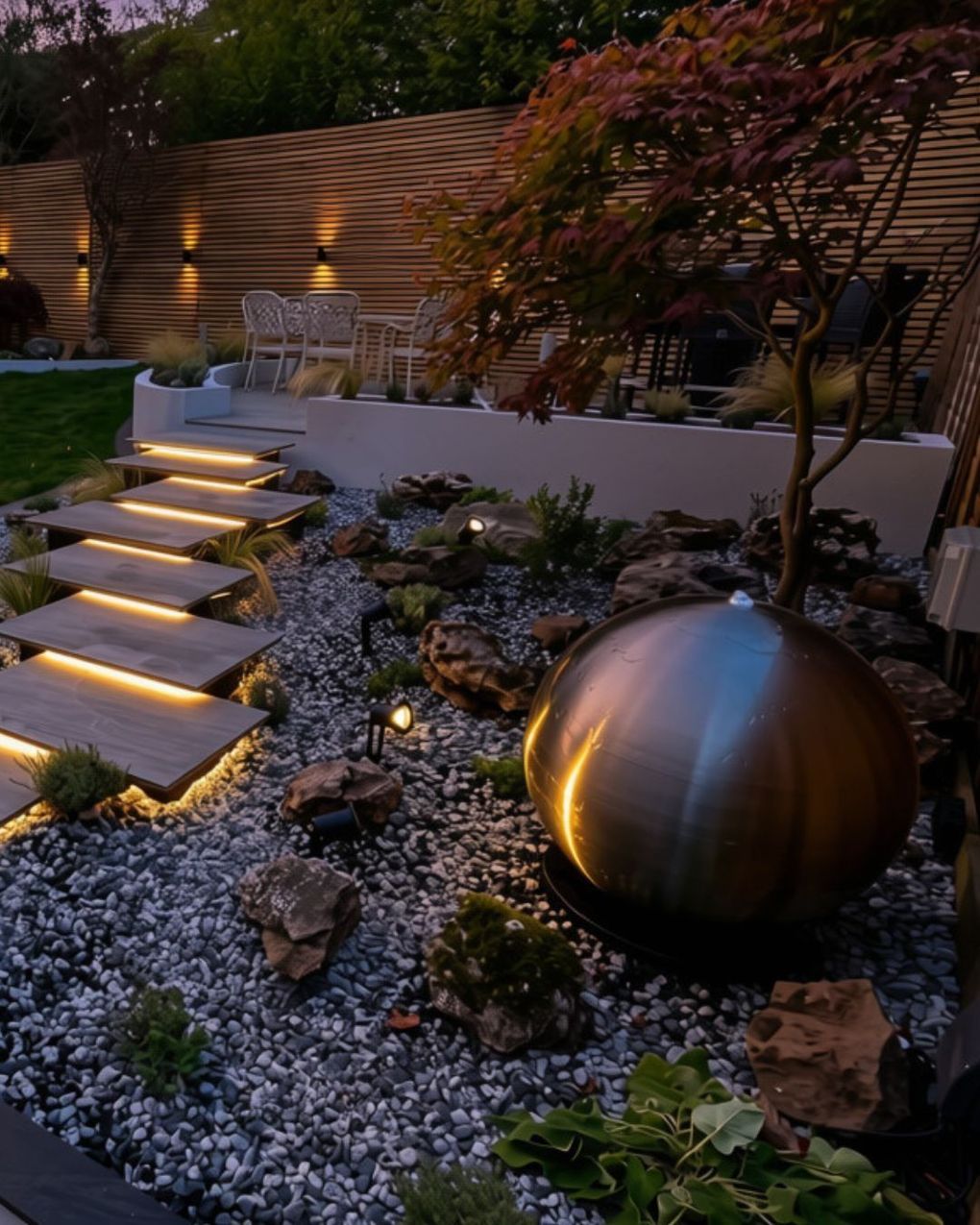 Floating porcelain steps lit from beneath at dusk beside a stainless steel sphere water feature