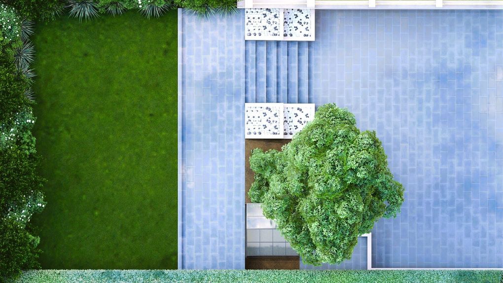 Top-down 3D render of the tiered garden design with lawn, porcelain terrace, raised beds and a tree