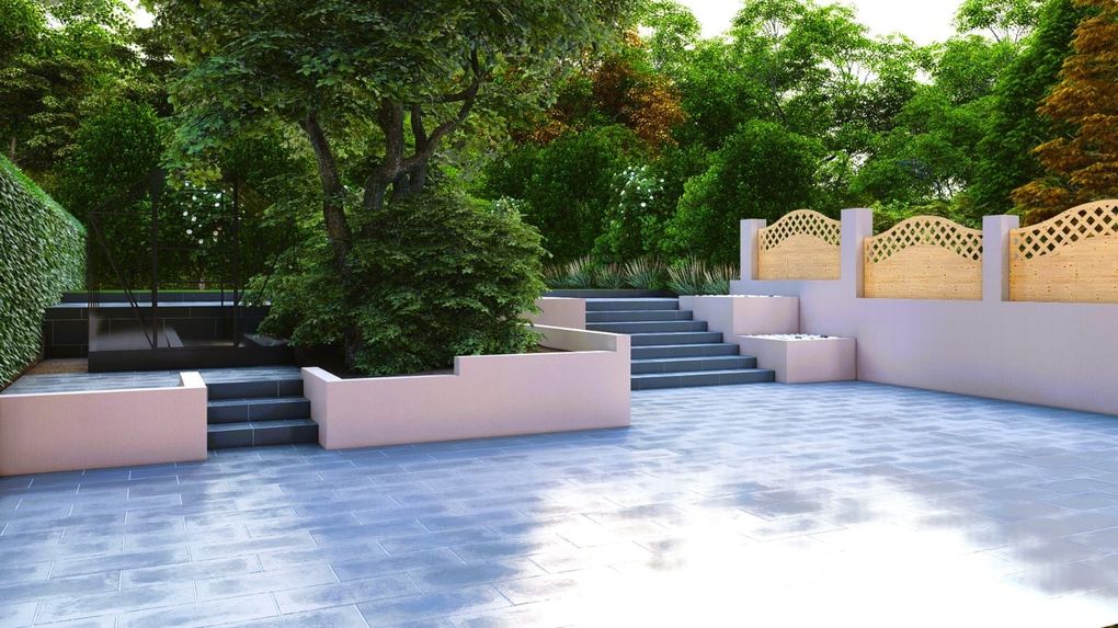 3D render of the full width of the tiered garden terrace with steps and planters
