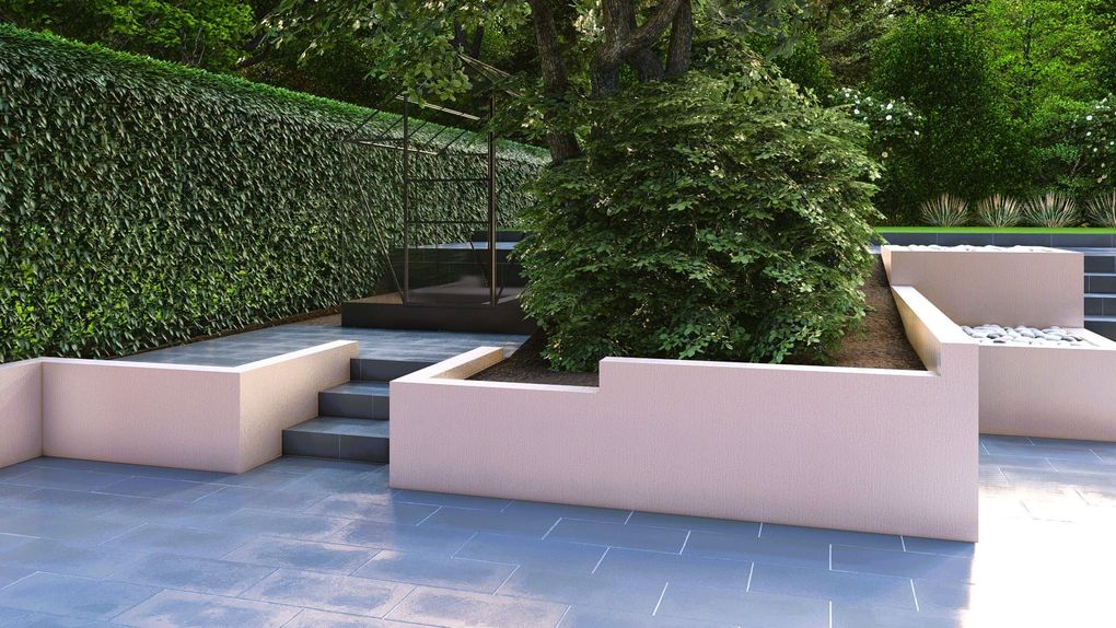 3D render of rendered raised beds and steps around a tree in the tiered garden