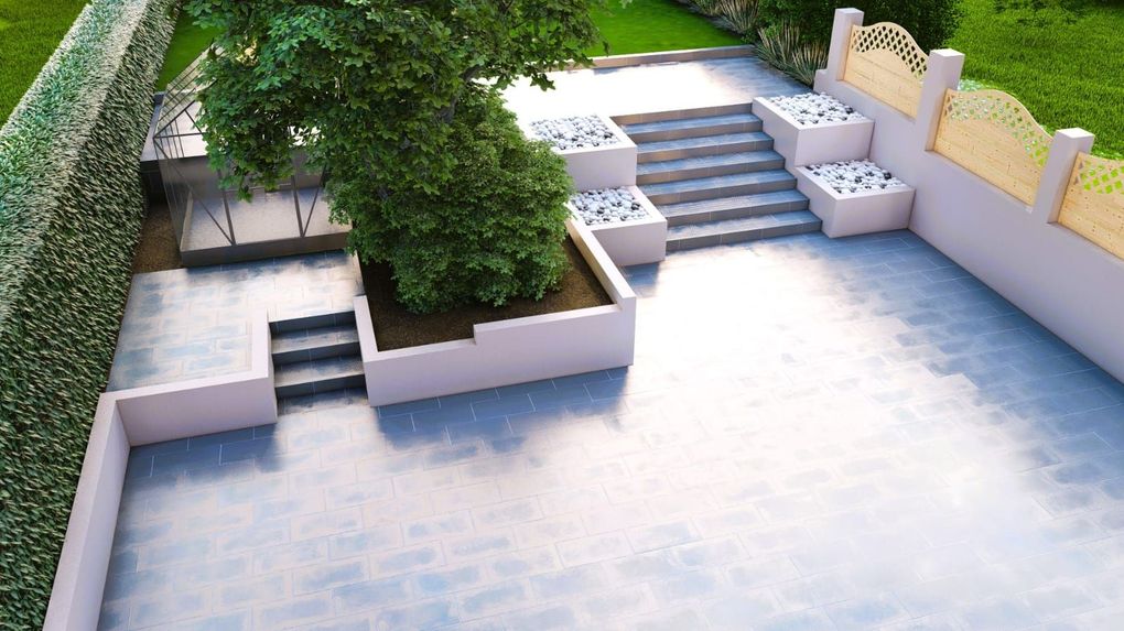 3D garden design render of a tiered garden with porcelain terrace, steps, rendered raised beds and a tree