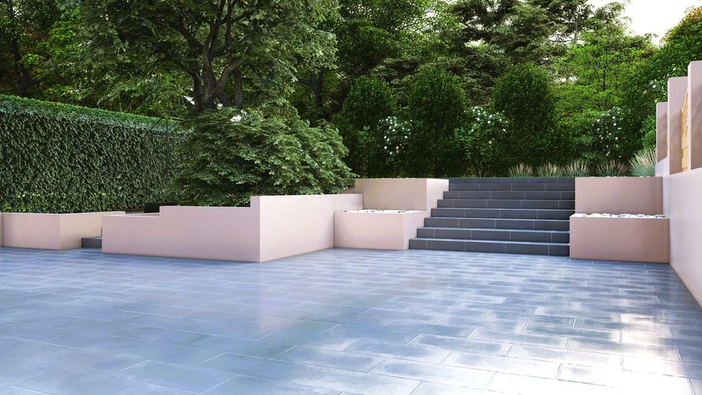 3D render of a wide porcelain terrace with central steps and rendered planters