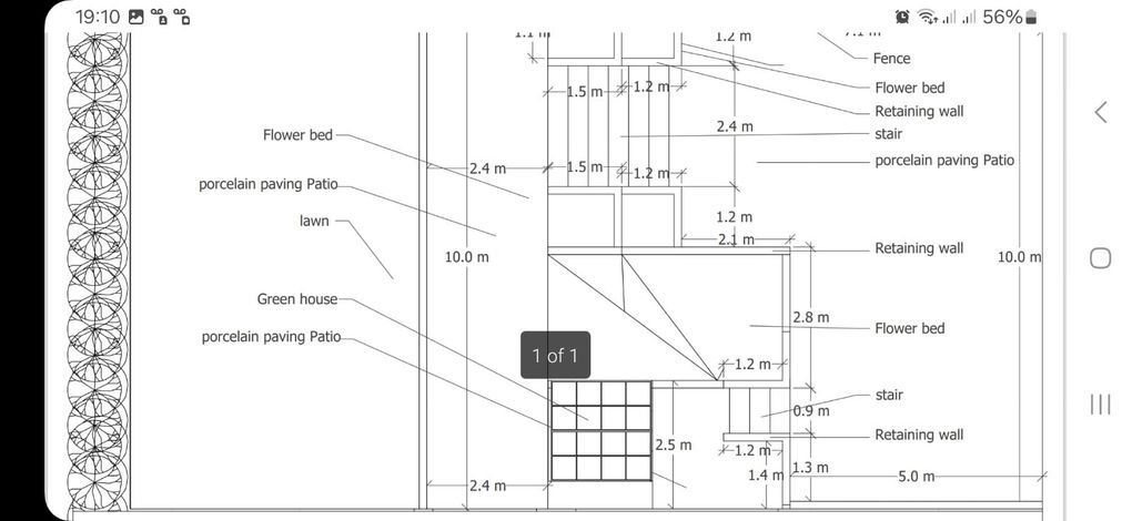 Measured plan for a tiered garden showing porcelain patios, retaining walls, steps, lawn, flower beds and a greenhouse