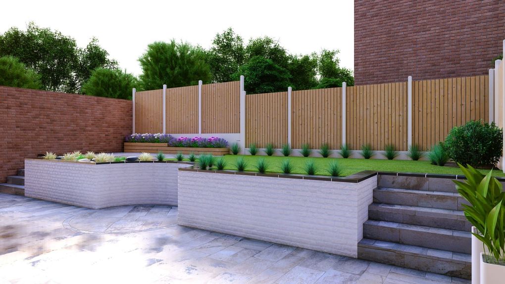 3D garden design render at eye level from the lower patio showing raised beds, steps, sandstone paving and new fencing