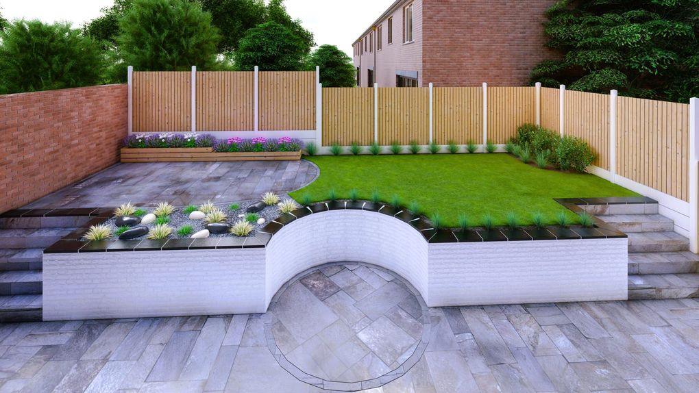 3D garden design render from the house side showing steps at both ends of the retaining wall leading up to the lawn