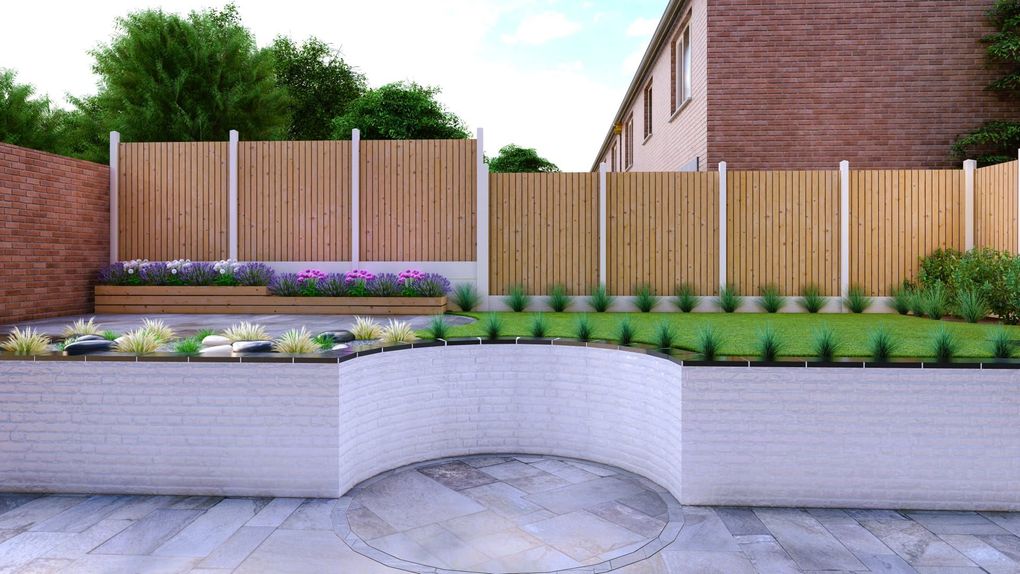 3D garden design render facing the curved retaining wall, with the circular seating area in front and lawn and planting above