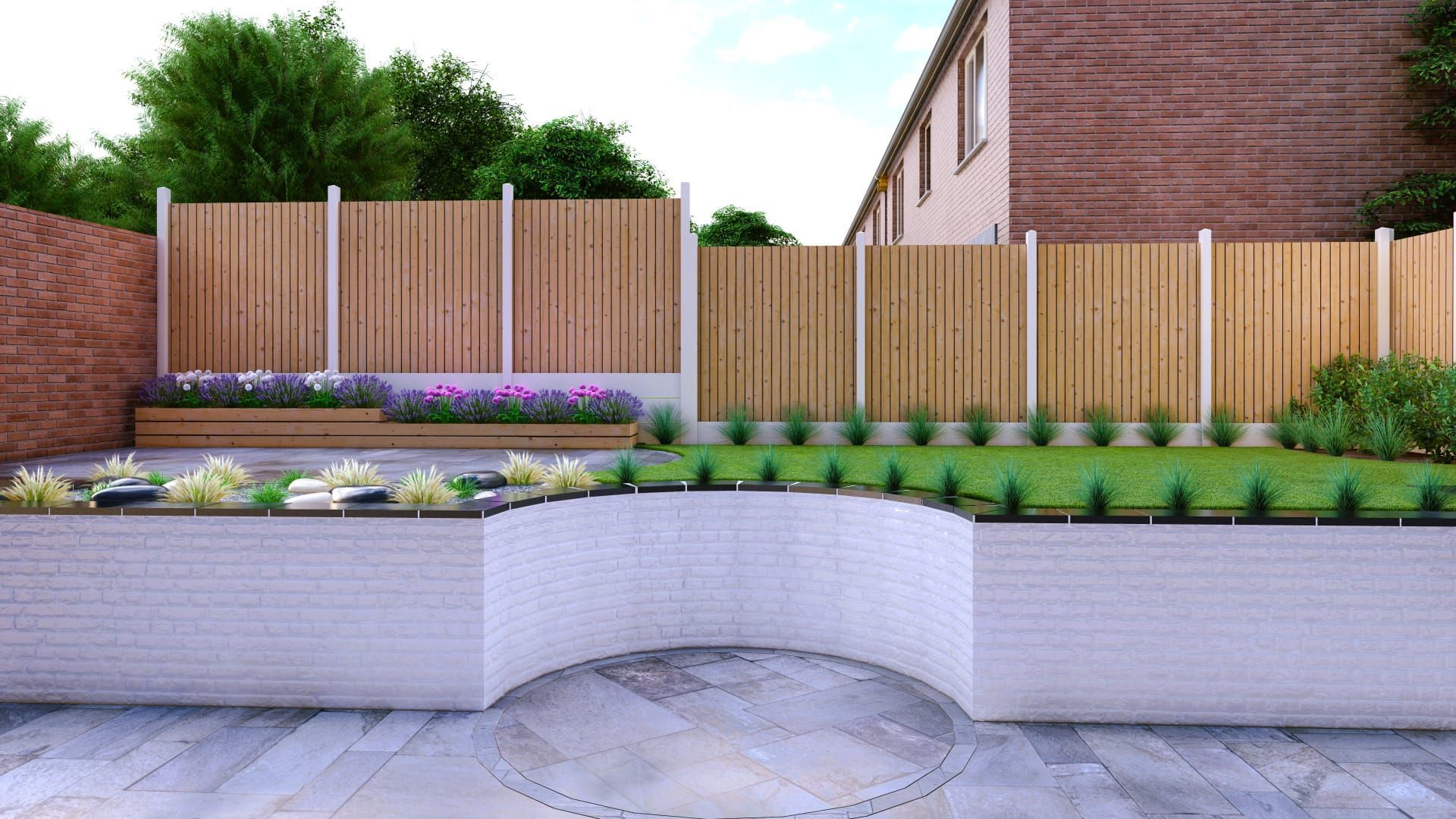 3D garden design visualising paving materials, planting and boundary treatments