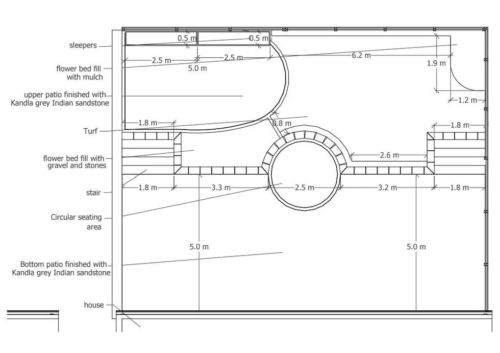 Measured 2D sketch of a Coventry garden design showing upper and lower patios in Kandla grey Indian sandstone, a circular seating area, sleepers, turf and planting beds with dimensions