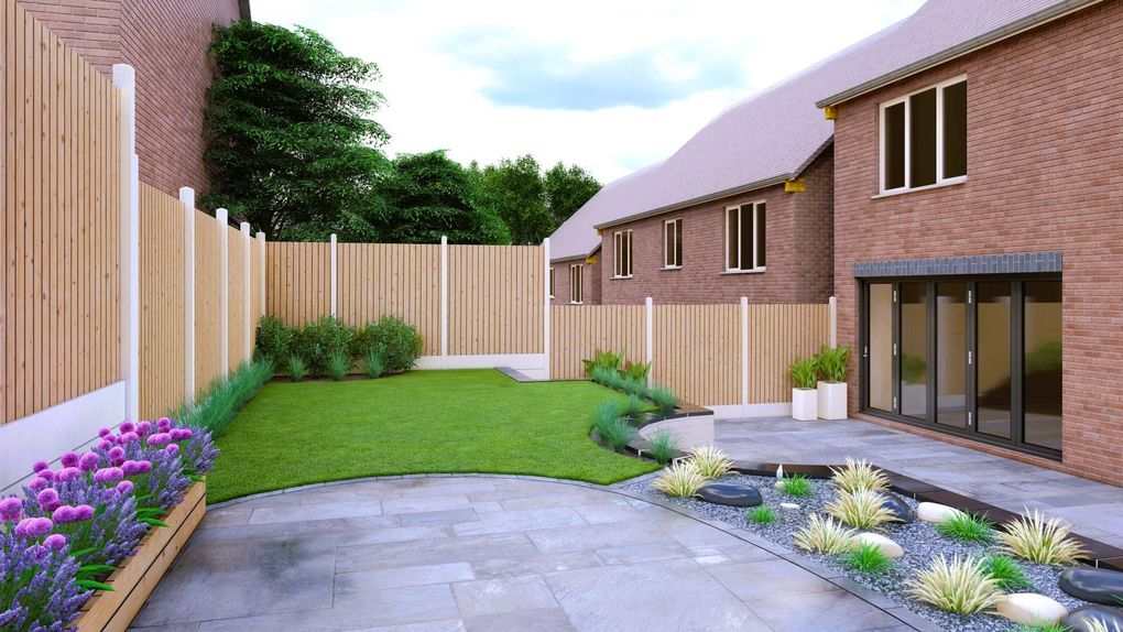 3D garden design render looking back towards the house, with a grey sandstone patio, lawn, gravel bed with grasses and pebbles and a raised timber planter along the fence