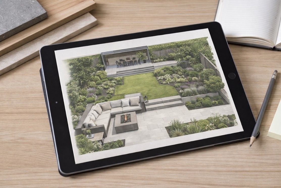 a garden design displayed on an iPad for a client to review