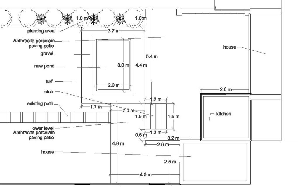 Measured 2D garden design sketch for the Earlsdon garden showing upper and lower porcelain patio levels, steps, gravel, turf, a new pond and the existing path, with dimensions