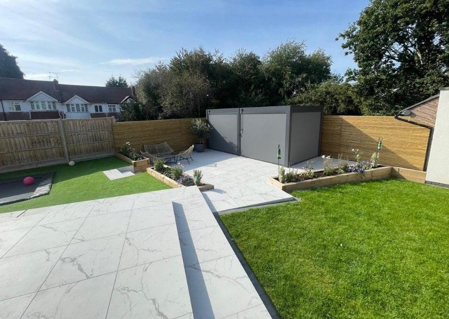 DNA landscapes garden design and landscaping project in Coundon with new grass turf, paving boarders and new outdoor garden furniture storage shed.