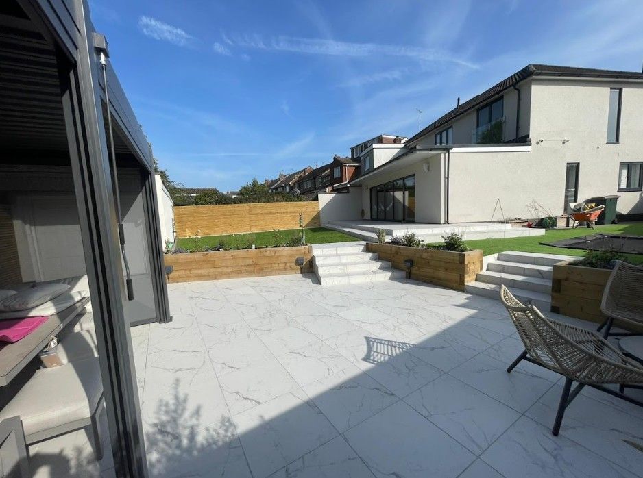 DNA landscapes completed garden design and landscaping project in Coundon with porcelain patio and paving