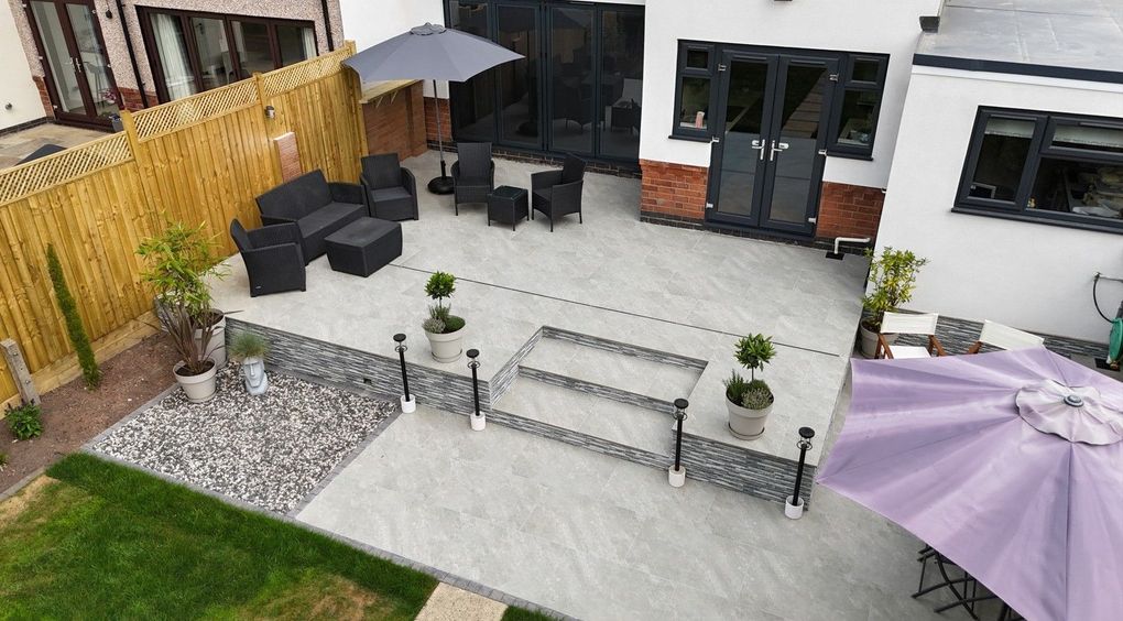Aerial view of the finished Earlsdon terrace showing the upper level, steps and lantern posts