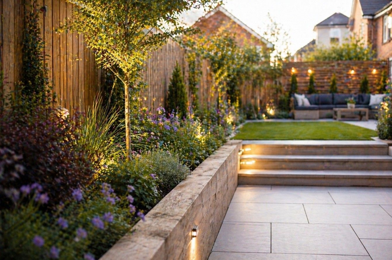 new landscaped patio with stesp