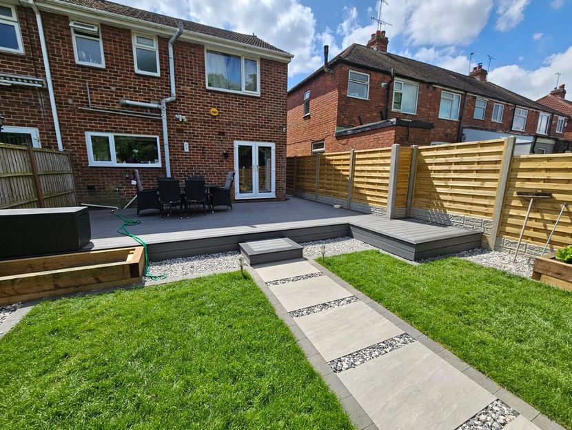 DNA Landscapes garden landscapers Coventry - completed composite decking, paving, turfing and garden fencing