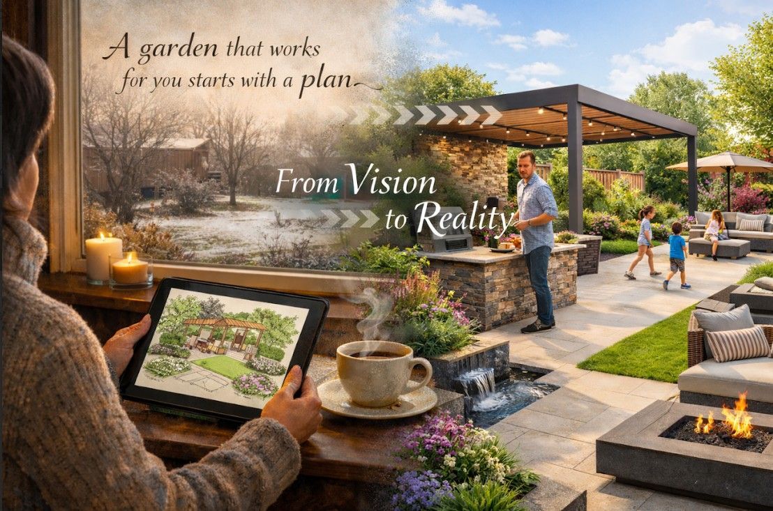 A client visualising the transformation of a garden design drawing to a landscaped garden