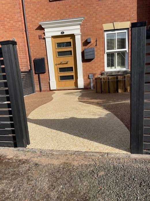 Resin front driveway path leading to front door for a front garden landscaping project in Warwick