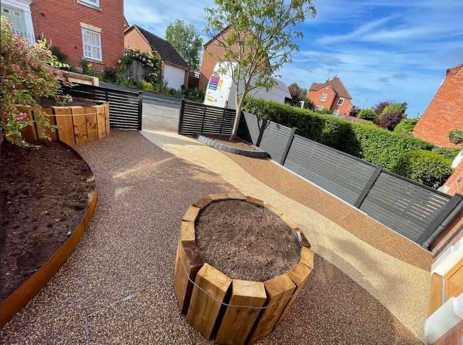 Raised wooden planters in front garden landscaping project in Warwick