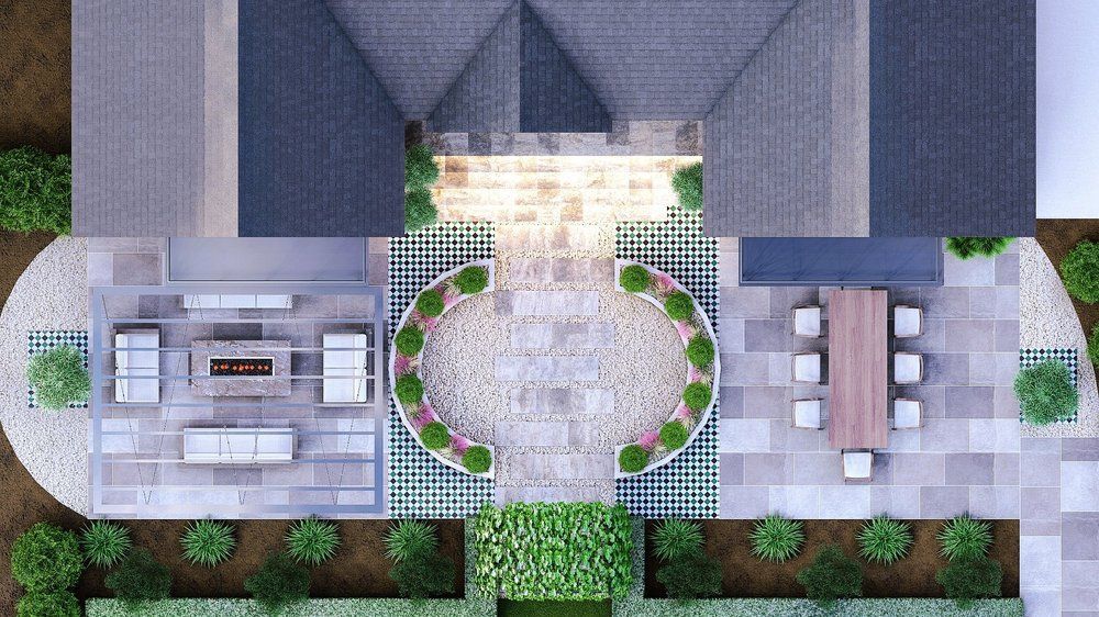 Overhead garden design plan for Chestnut House, Lapworth, showing the porcelain terrace, circular Moon Gate feature, curved planters and dining area