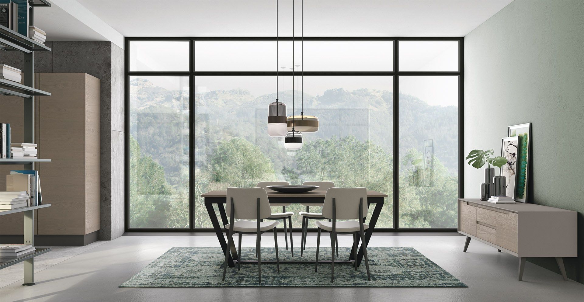 Sala da pranzo con tavolo, sedie, tappeto, buffet, grande finestra con alberi.