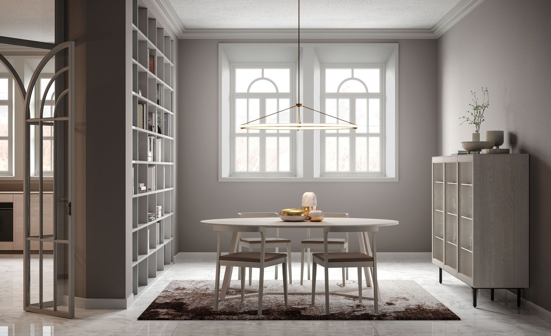 Sala da pranzo con tavolo, sedie, libreria, finestre e illuminazione decorativa.