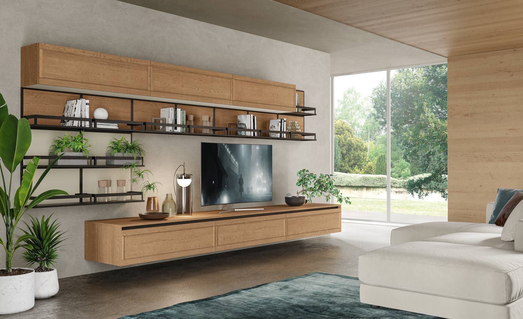 Soggiorno con mobili in legno sospesi, TV e scaffali con piante e decorazioni.