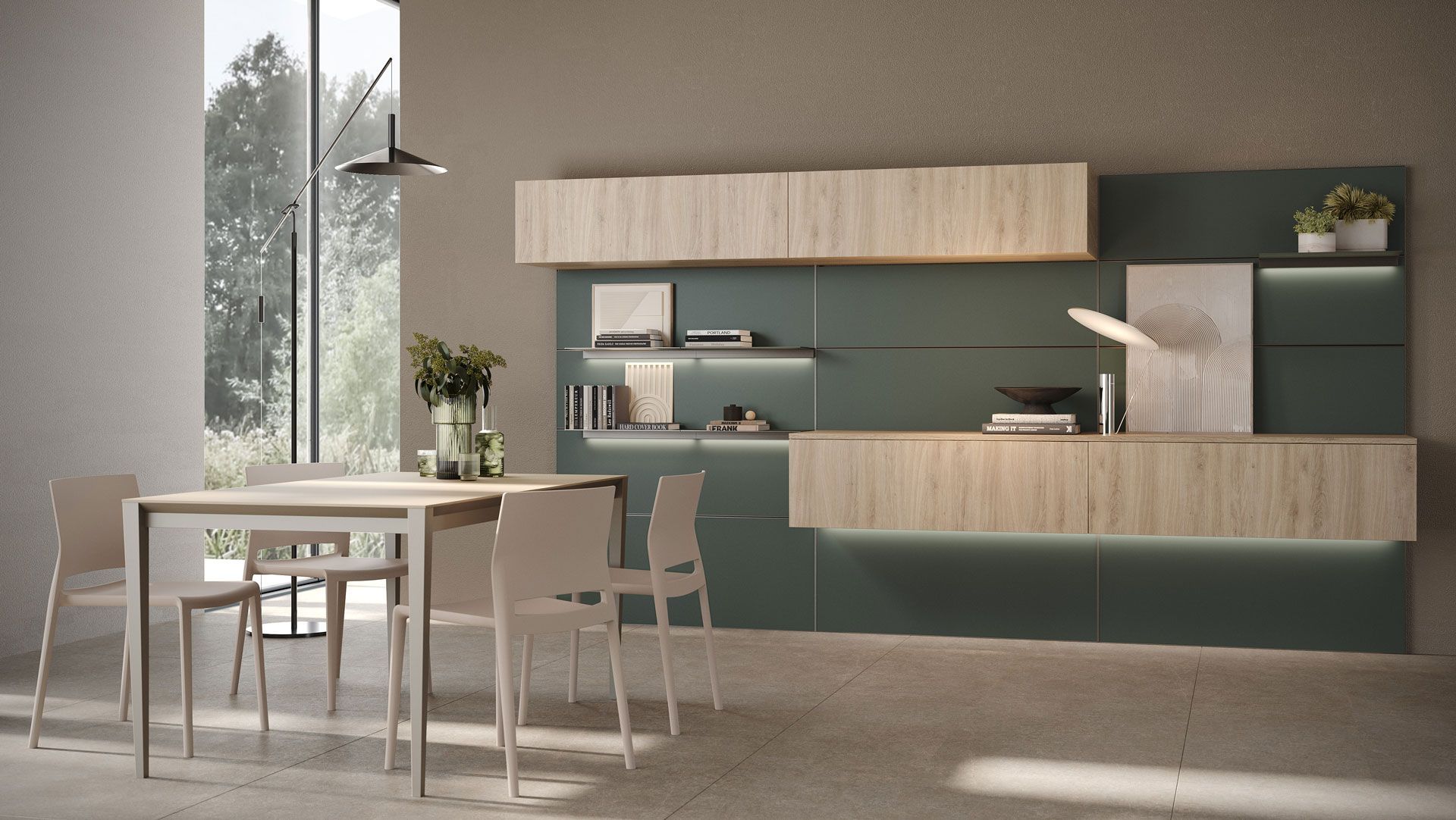 Cucina e sala da pranzo moderne con mobili in legno chiaro, parete verde acqua, tavolo e sedie.