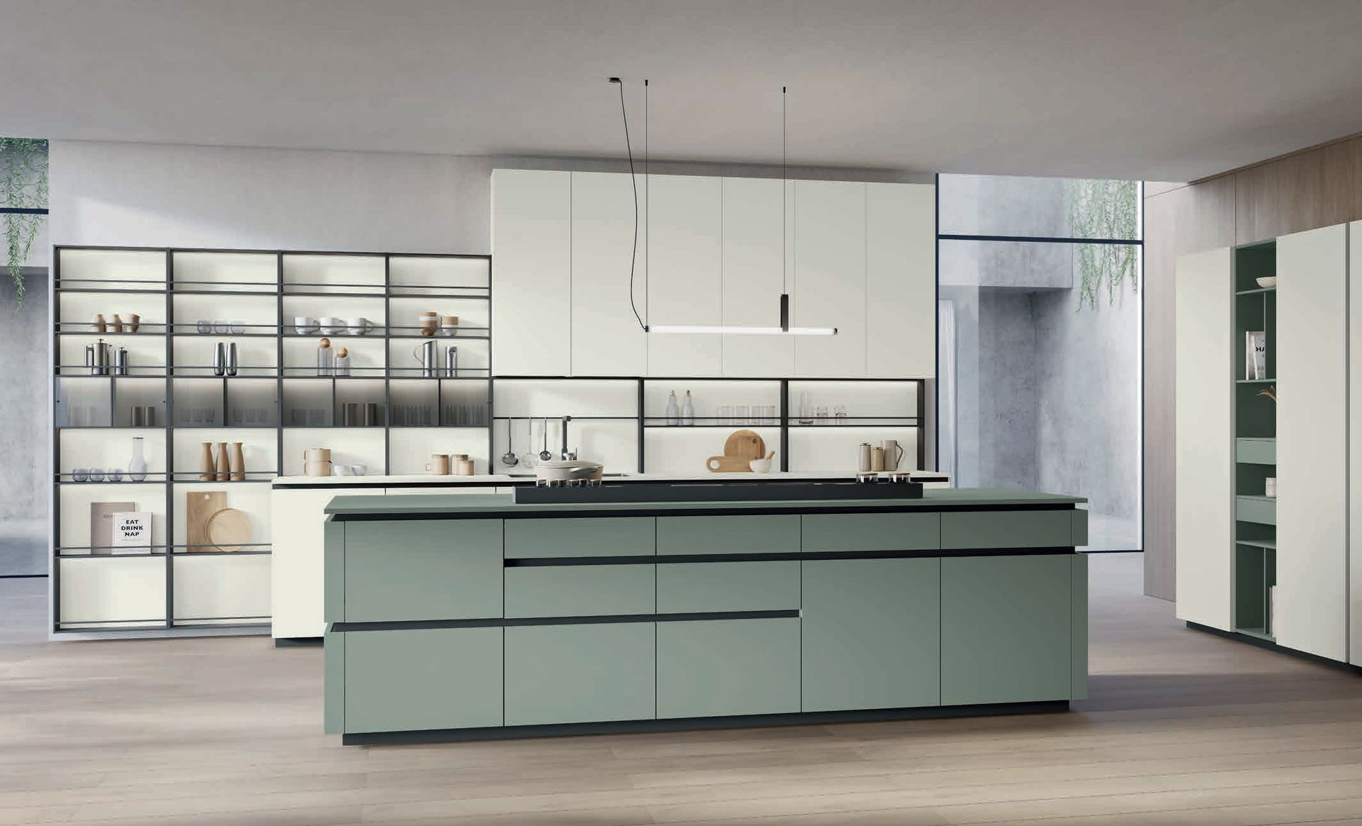 Cucina moderna con mobili verdi, ripiani neri e scaffali a vista in uno spazio minimalista e luminoso.