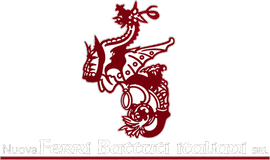 Emblema di drago rosso con scritte ornate su sfondo chiaro