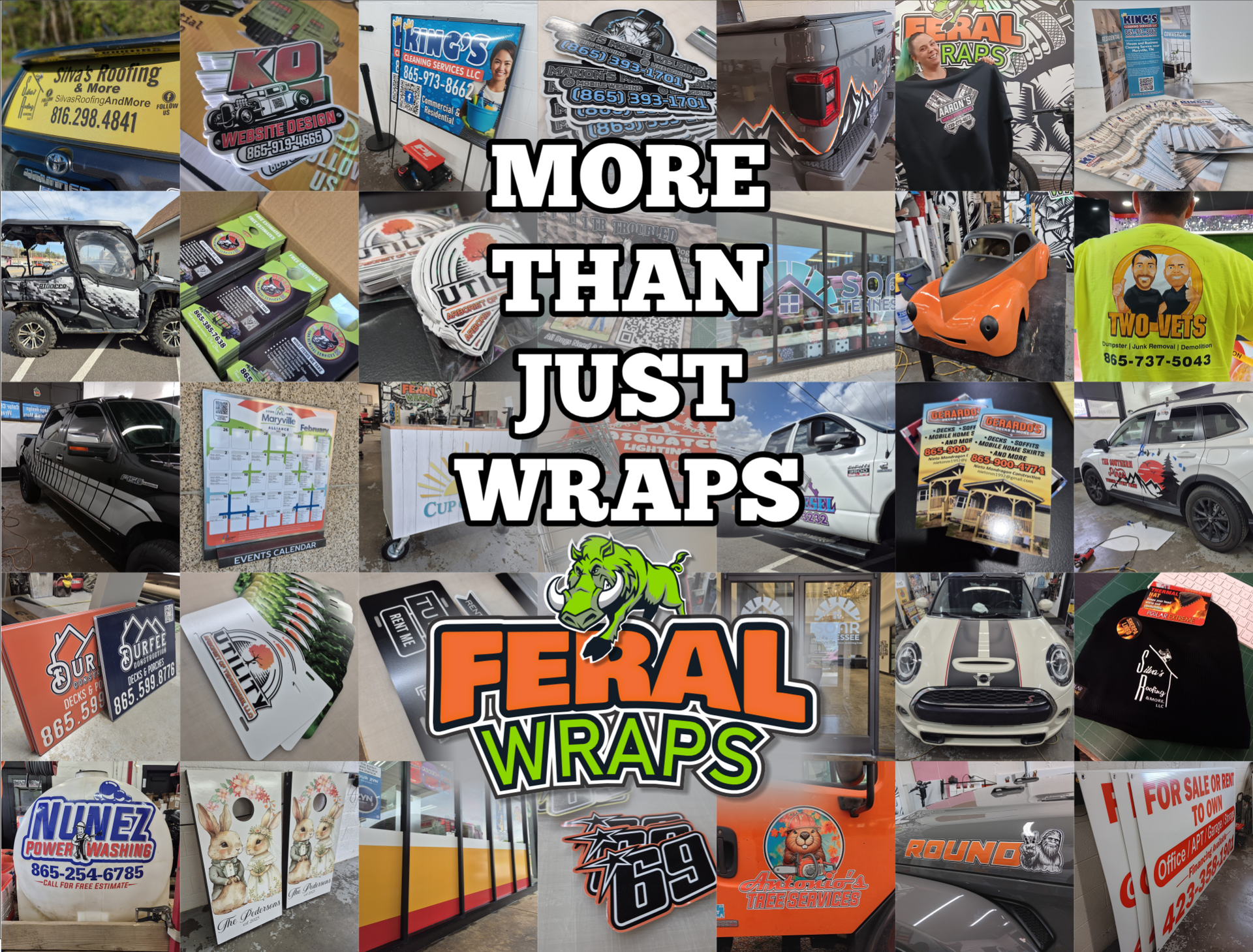 Collage promoting Feral Wraps; shows various wrapped vehicles, signage, and apparel. Text: