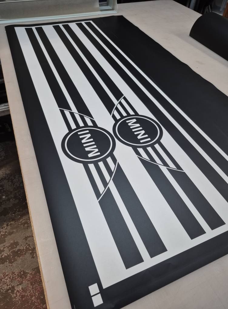 A black and white striped rug with the word mini on it