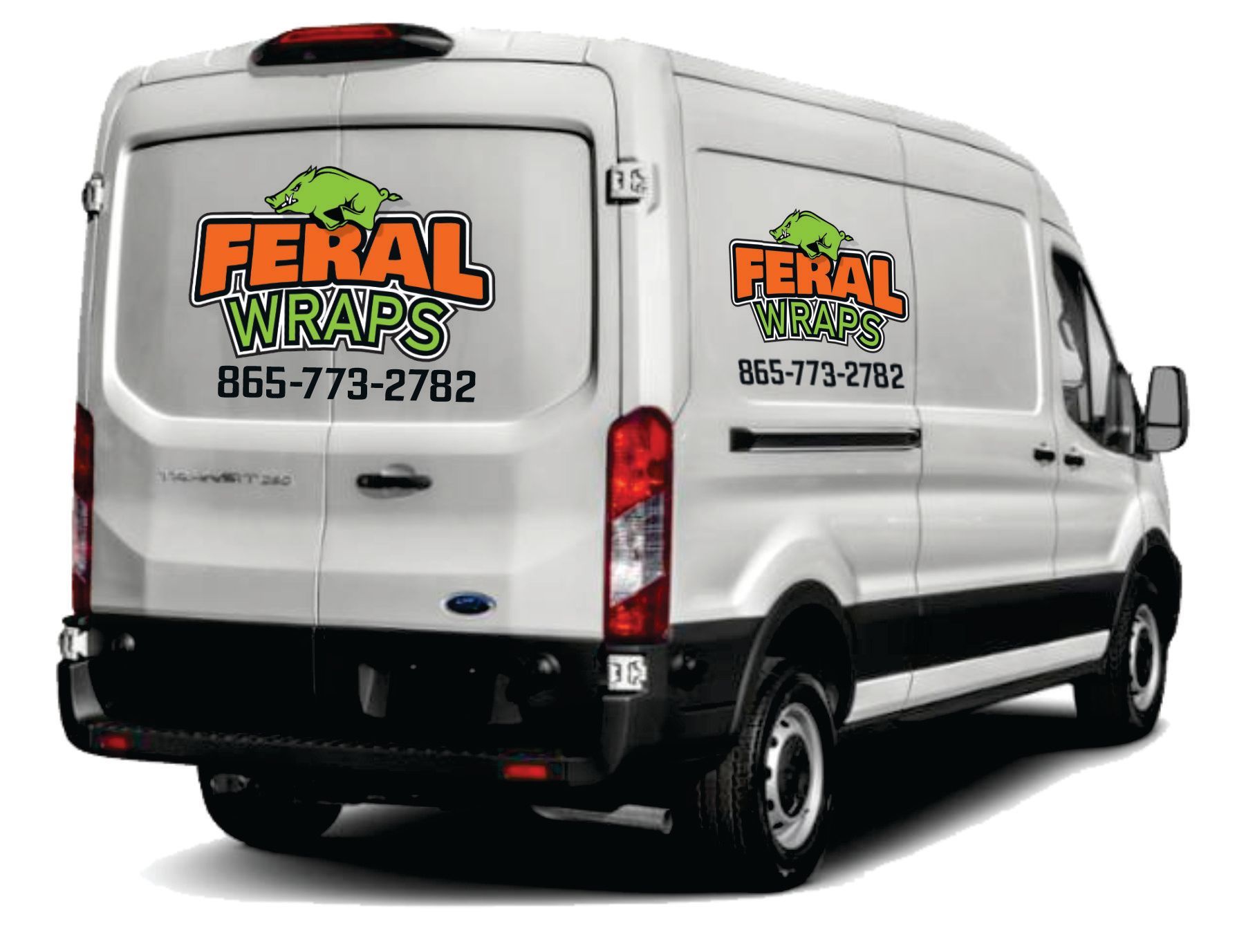 The back of a white van with feral wraps written on it