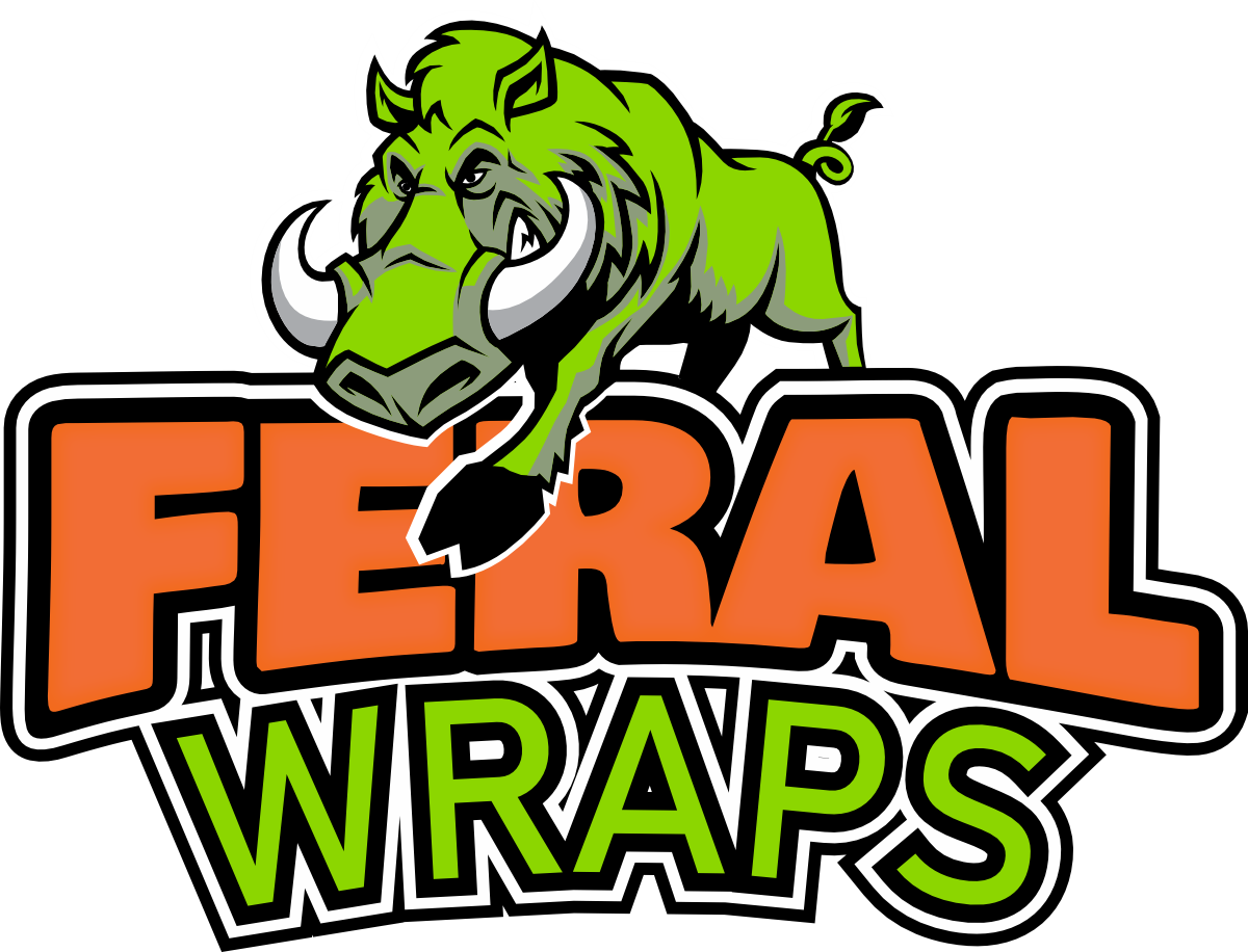 Logo for Feral Wraps: green boar over orange text "FERAL" and green text "WRAPS".