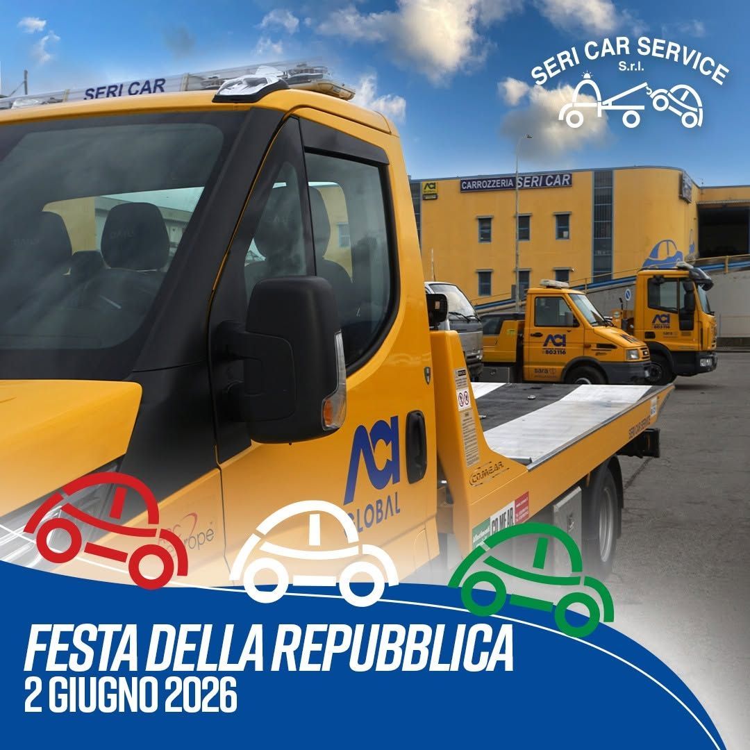 Carri attrezzi gialli presso l'officina CERI CAR SERVICE, con la scritta “Festa della Repubblica 2 Giugno 2024” e icone di automobili.
