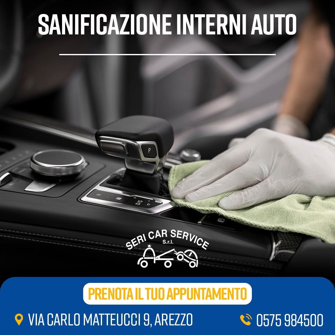 Dettaglio auto con pulizia interna; testo pubblicitario “Sanificazione interni auto” e contatti Seri Car Service.