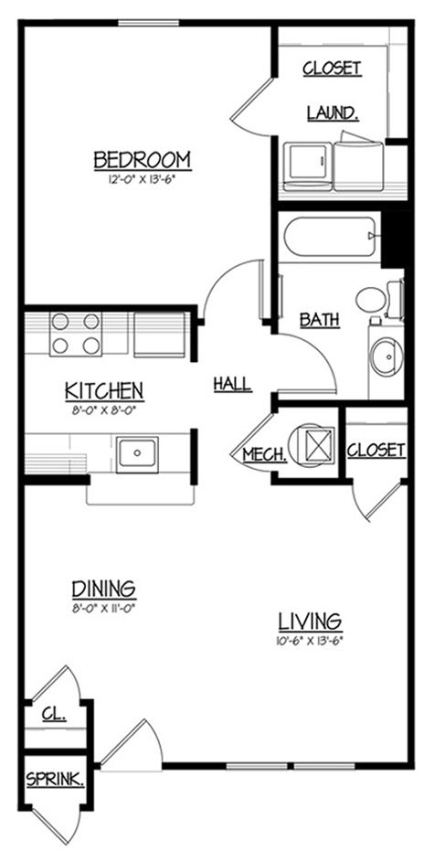 Floor plan of an apartment, showing bedroom, kitchen, dining, living, bath, hall, and closet.