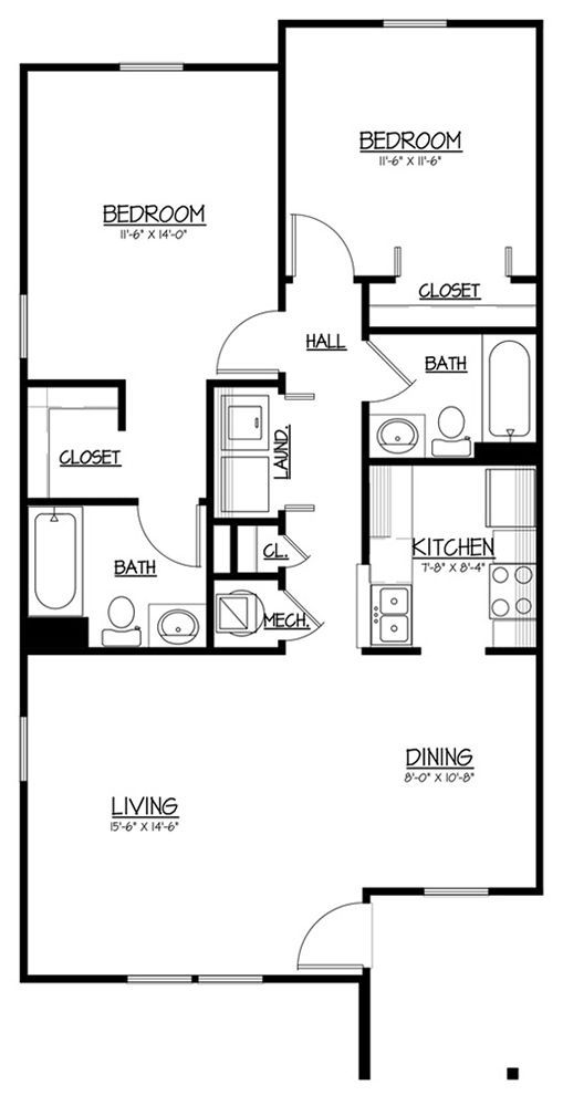 Floor plan of an apartment, showing bedroom, kitchen, dining, living, bath, hall, and closet.