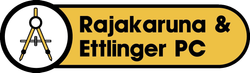 Logo for Rajakaruna & Ettlinger PC: compass inside circle next to text on a yellow background.