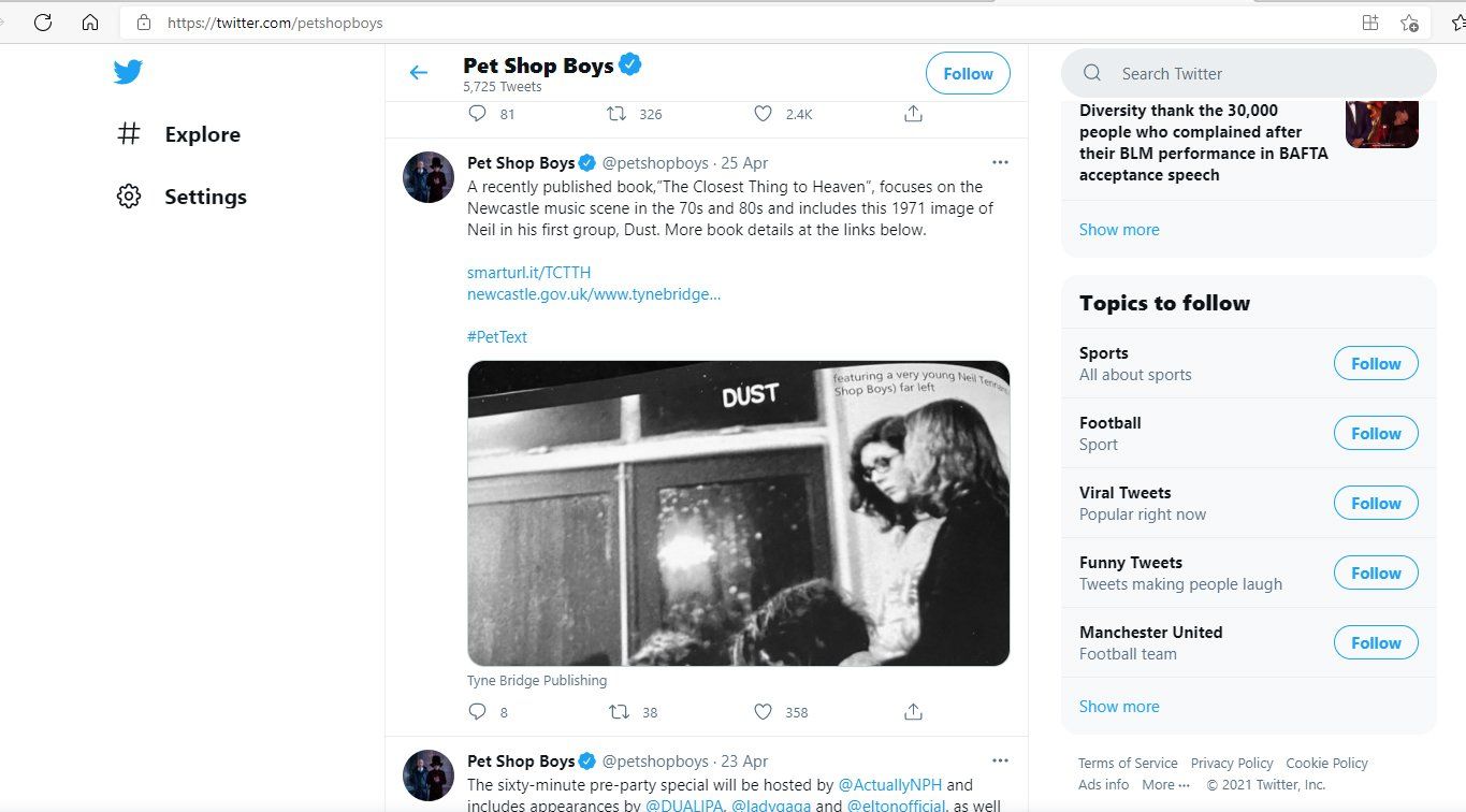 Tweet from Pet Shop Boys about MiE Fielding's book The Closest Thing To Heaven Pet shop Boys tweet about Closest Thing To Heaven book by MiE Fielding