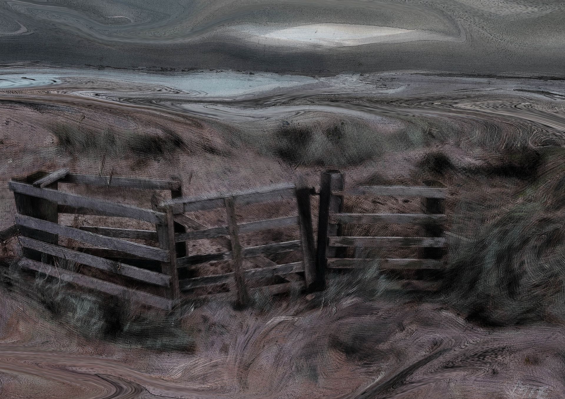 Broken gate in winter limited edition print by MiE Fielding. From the book 'The Sound of a Landscape'.