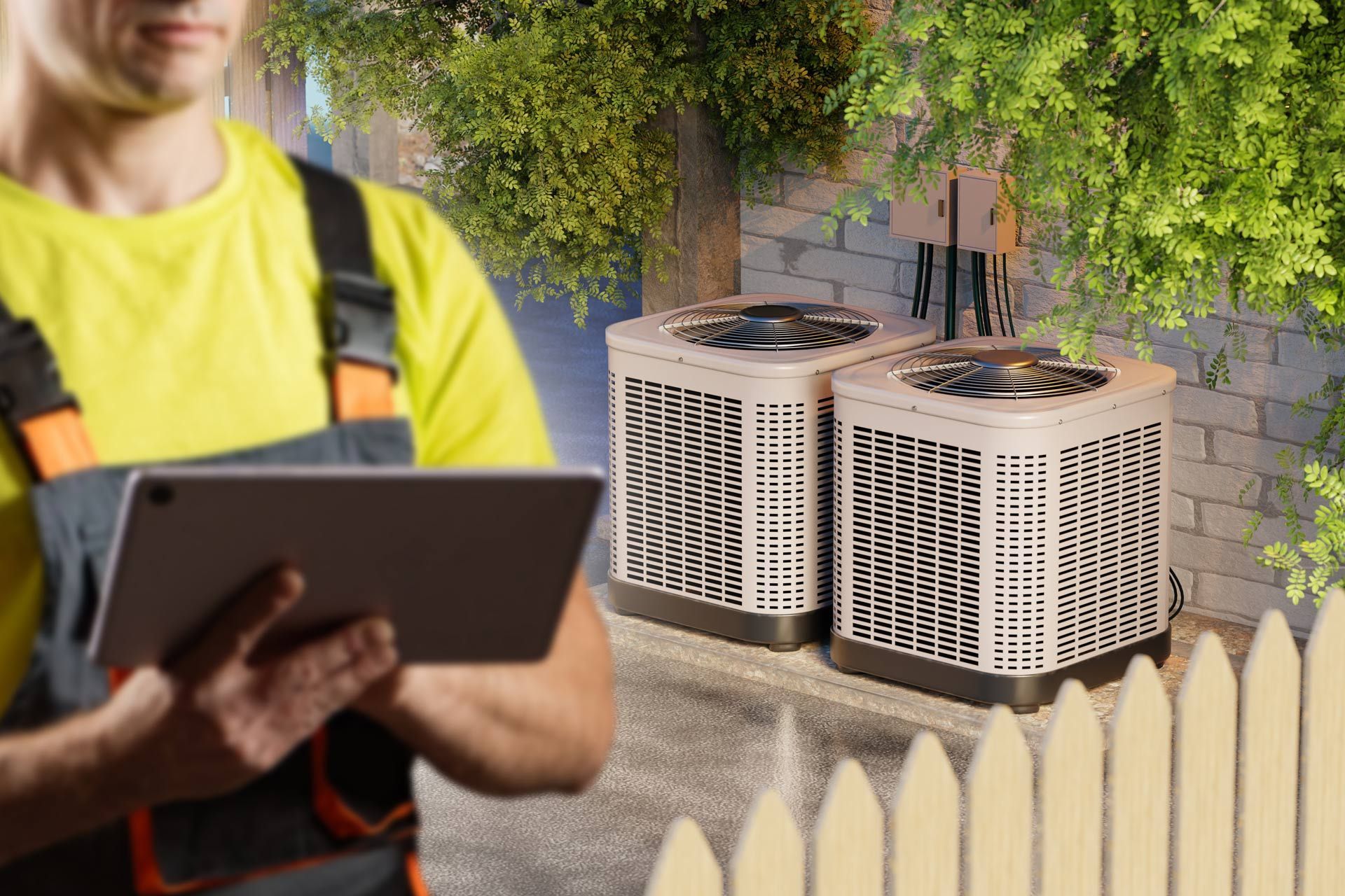 HVAC technician with a tablet inspecting two outdoor air conditioning condenser units