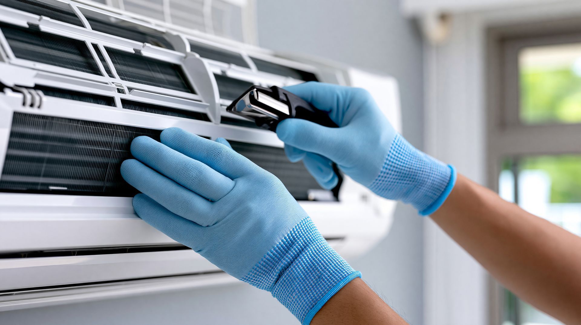 Professional air conditioning contractor servicing a wall-mounted AC unit for efficient cooling.