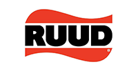 RUUD logo with black text inside a red wavy shape.