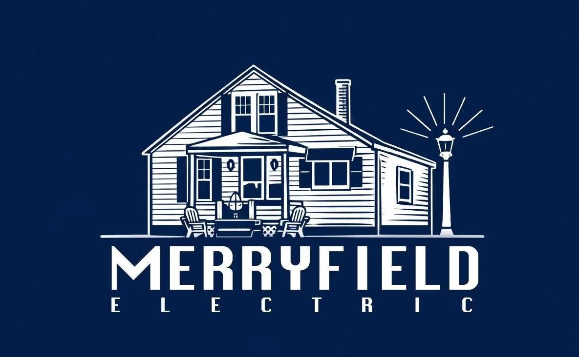 White line-art house and utility pole logo with "MERRYFIELD ELECTRIC" on a dark blue background